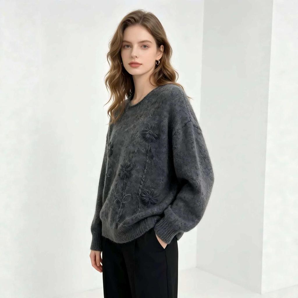 3D Floral Alpaca Wool Pullover: Soft, Fluffy, Versatile Knitwear for 2026 Autumn/Winter