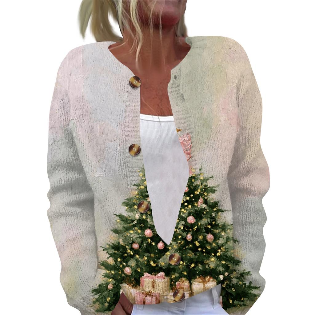 Damen Strickjacke mit Knopfleiste, Langarm, Weihnachtsprint