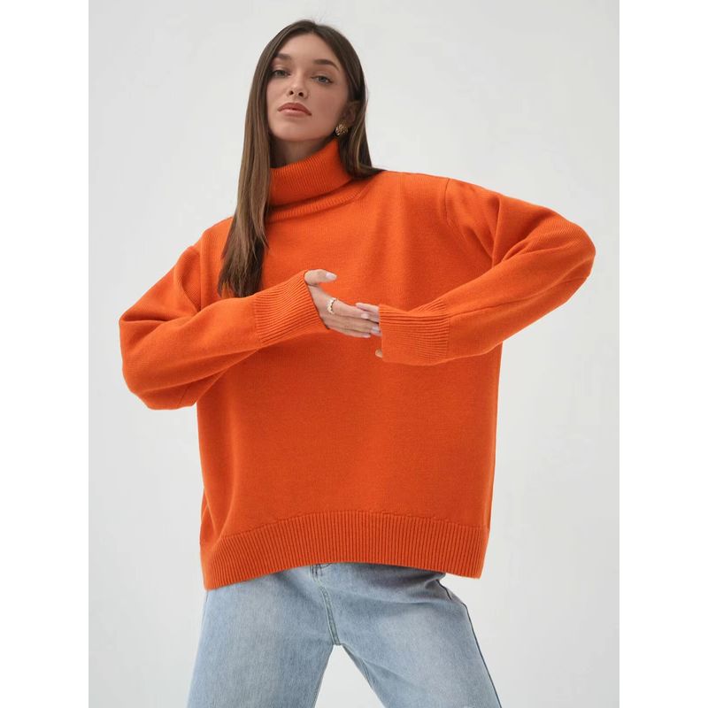 New Arrival Fall and Winter Plaid Loose All-Matching Graceful Pullover Turtleneck Sweater Turtleneck Loose Sweater