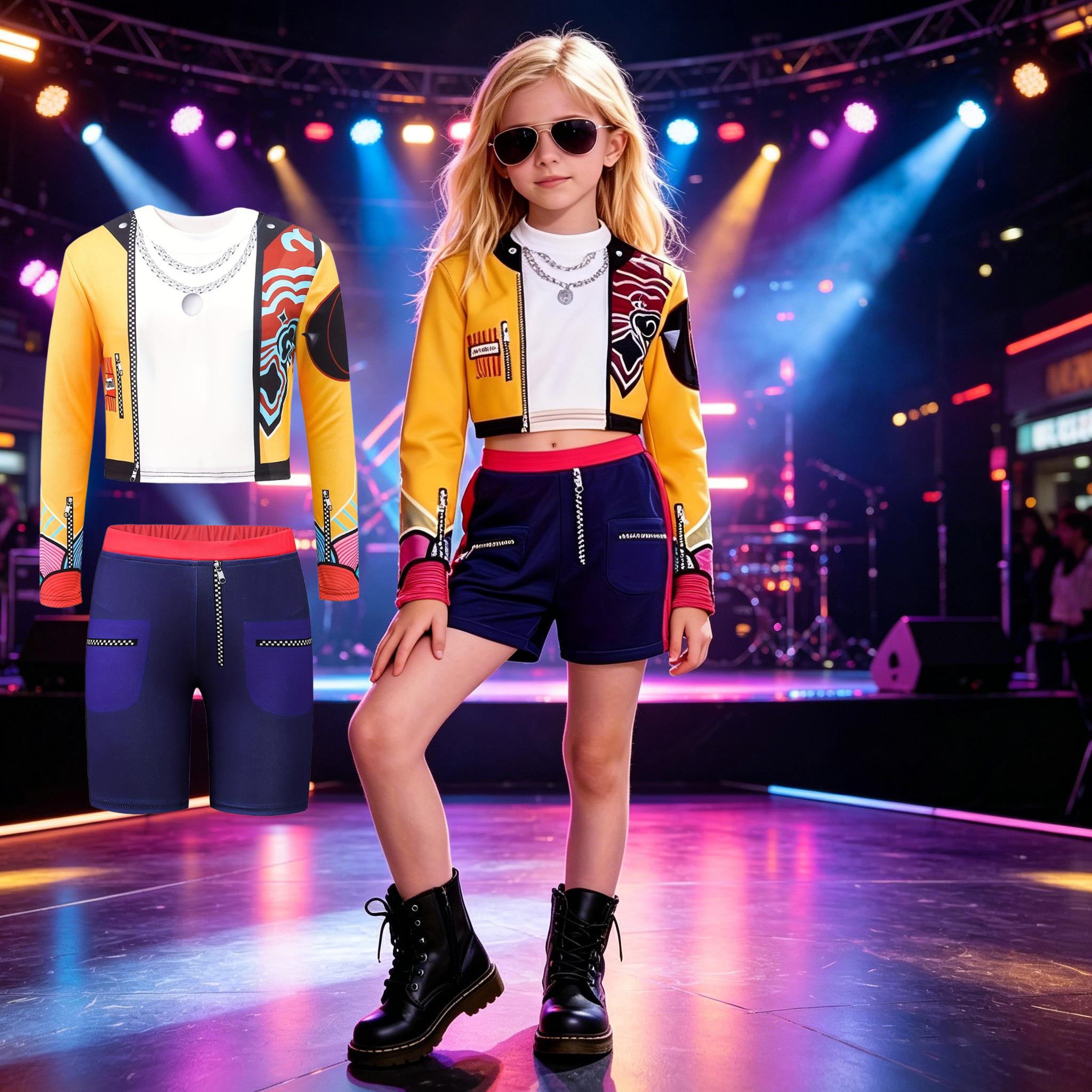Costume de Performance Scénique pour Fille Hip Hop Ensemble 2 Pièces Veste Courte+Shorts Streetwear Idol Concert Fête de Danse 4-5Y