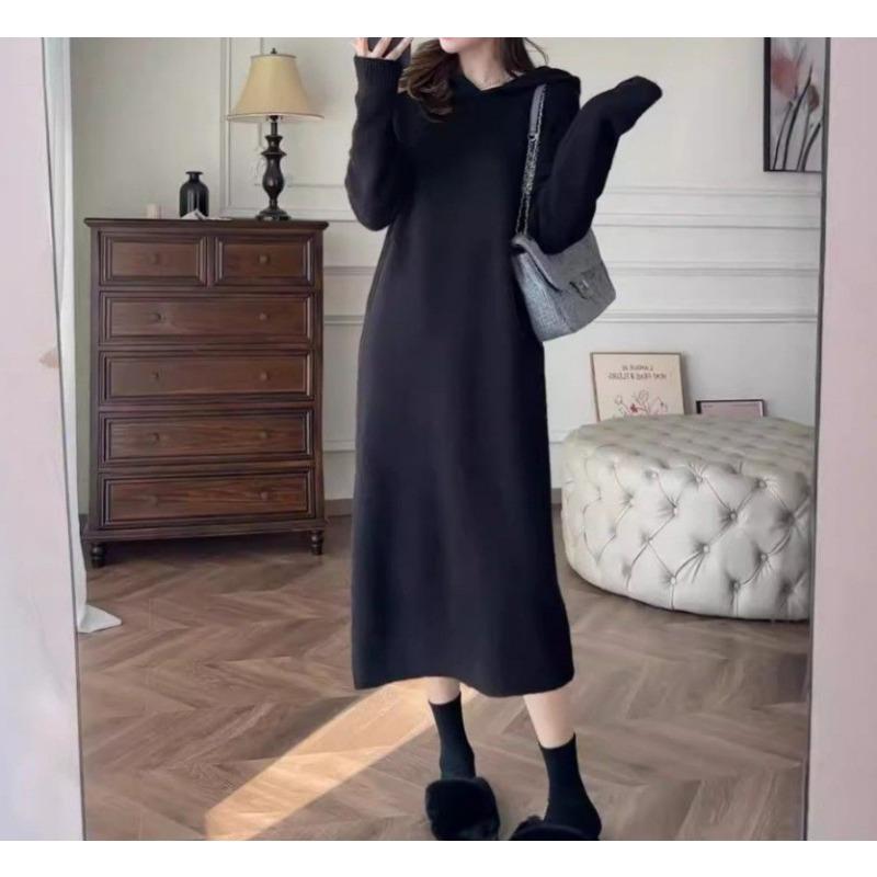 Casual Versatile Autumn and Winter New High-end Design Hooded Sweater Knitted Loose Sweater Loose Dress