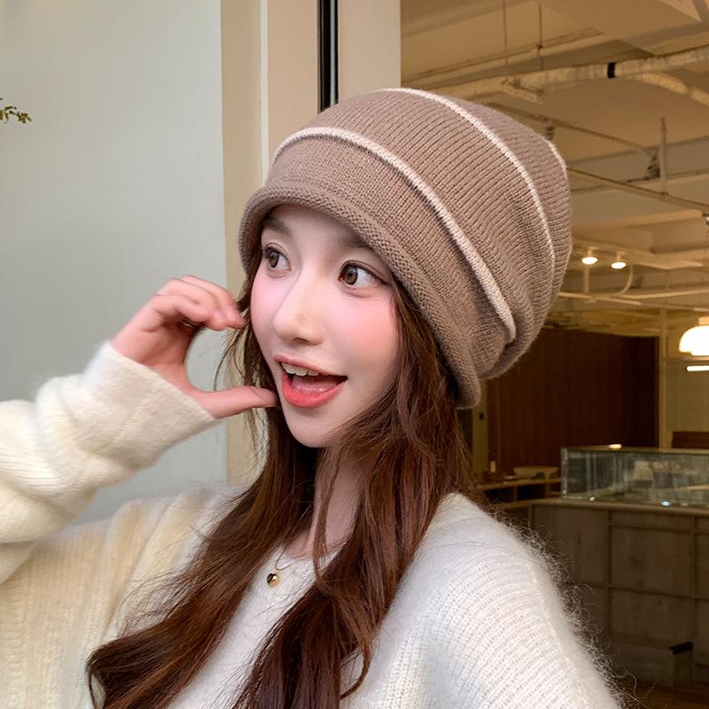 Curly Striped Woolen Hat for Women In Spring and Autumn Breathable and Versatile Pullover Knitted Hat Cold Proof and Warm, Ear-protecting Pile Hat