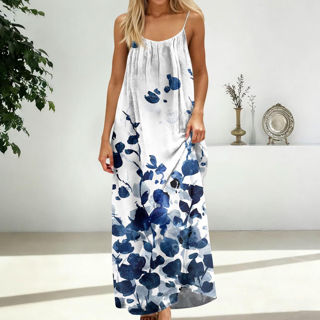 Women's Fashion Backless Spaghetti Strap Casual Loose Floral Print Dress