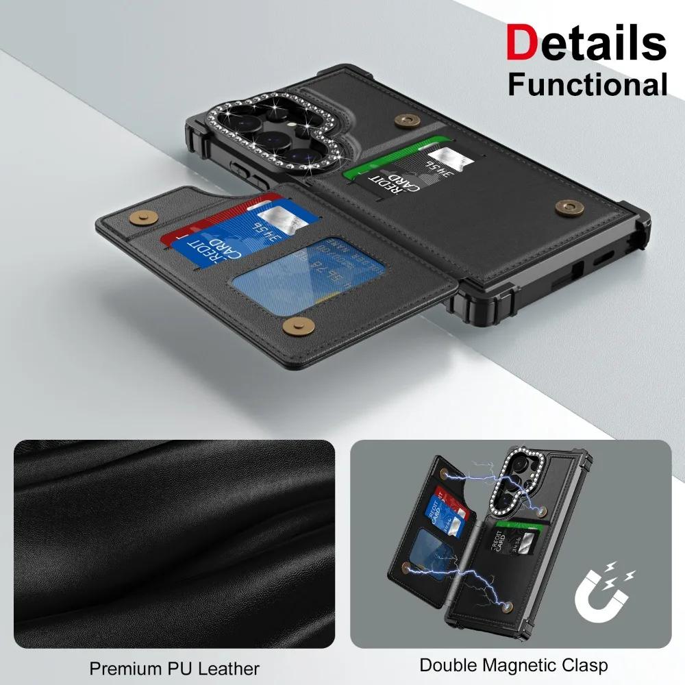 Luxury Glitter Bling Card Slot Holder Wallet Flip Phone Case for Samsung Galaxy S24 Ultra Plus Purse Kickstand PU Leather Cover