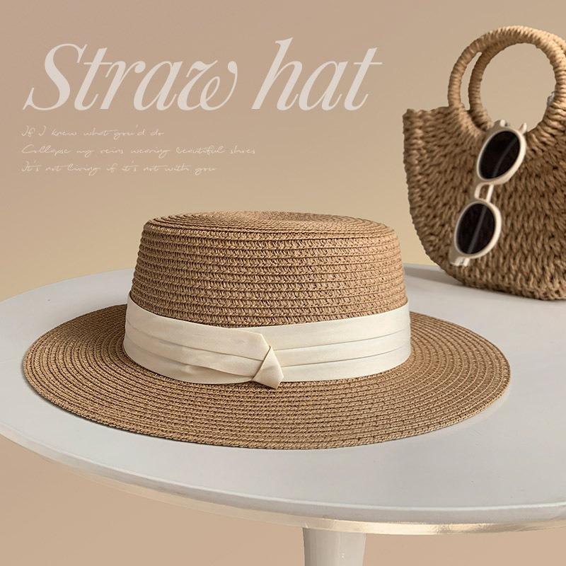 Flat Top Straw Hat Strapped Women's Summer Visor, Satin Versatile Straw Fashion Top Hat, Seaside Beach Hat
