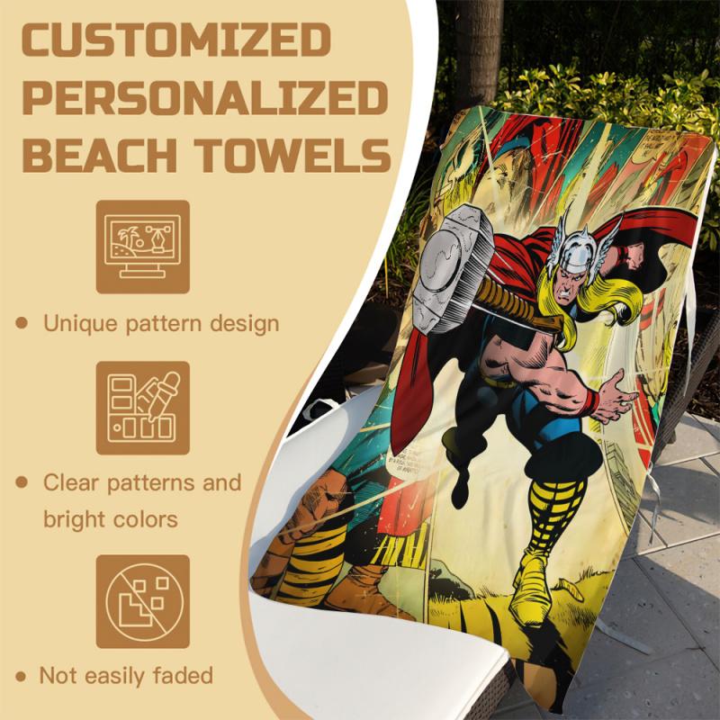 Marvel Thor Comic Print Beach Towel Quick Dry Sand Free Microfiber for Kids Adults Swim Travel