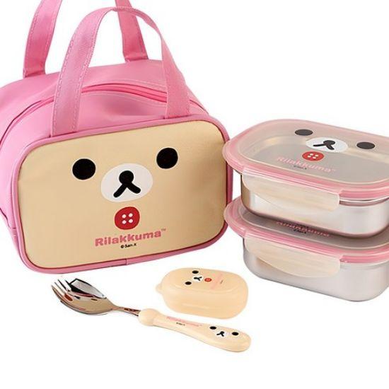 Rilakkuma Kinder 2-stöckiges Edelstahl-Lunchbox-Set (mit Gabel & Löffel)