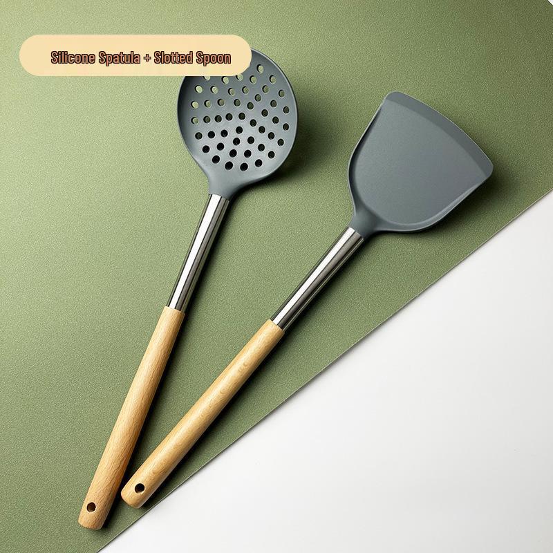 Silicone Kitchenware Set: Non-stick Spatula, Soup Ladle, Slotted Spoon with Wooden Handles - Heat Resistant, 3-piece Set.