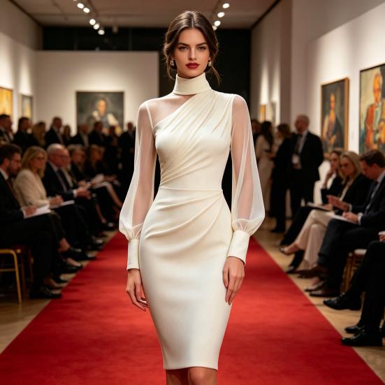 Women's Mesh Sheer Long Sleeve Mini Dress, Ruched Bodycon Mock Neck Party Cocktail Dress, Formal Wedding Guest Evening Gown