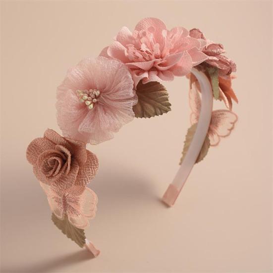 Soft Yarn Headband with Gauze Flowers Faux Pearls Decor Romantic