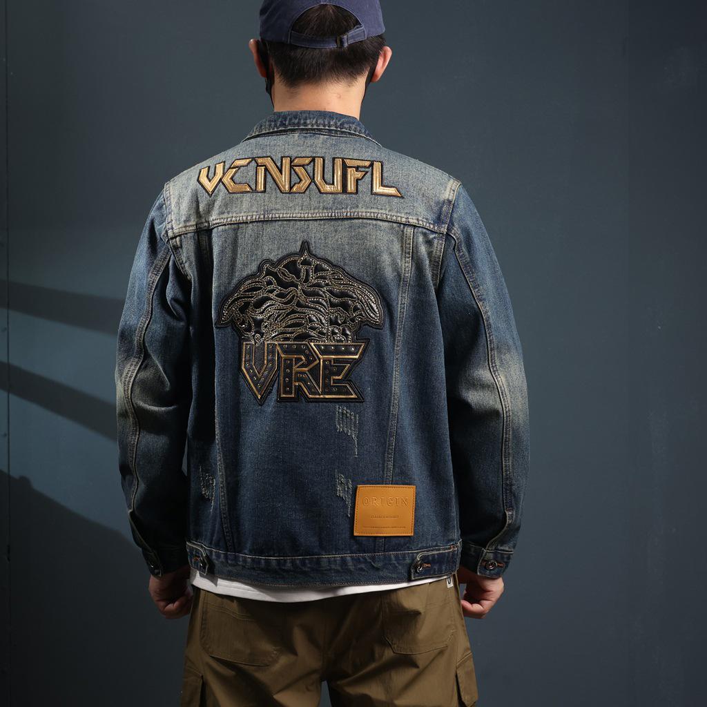 Xintang Men's Distressed Denim Jacket - Loose Fit Long Sleeve Outerwear 2025