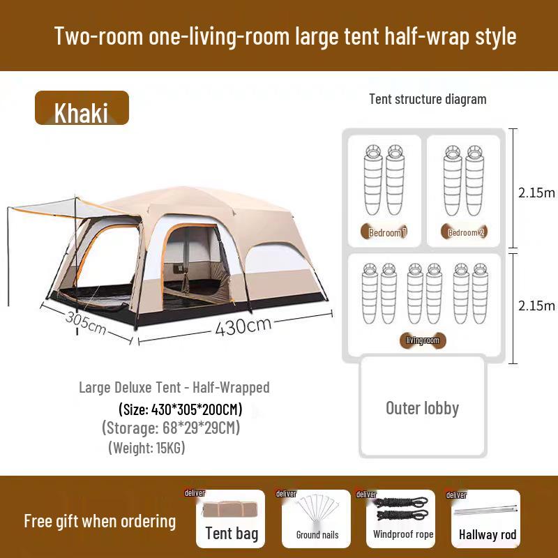 Outdoor Camping Tent: Large, Portable, Sun-Protected, Rainproof, 2 Rooms + Living Area, Fits 8-12 People