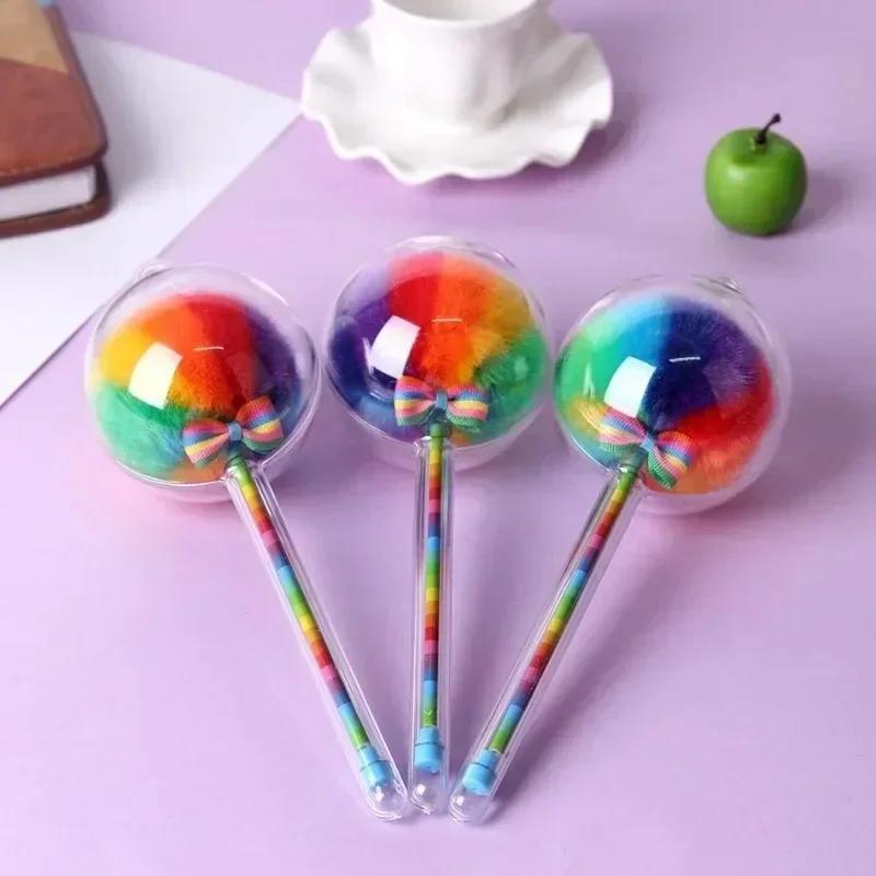 Creative 0.5mm Lollipop Gel Pen Sweet Black Ink Colored Bowknot Round Hair Ball Pens Office School Stationary Writing Supplies