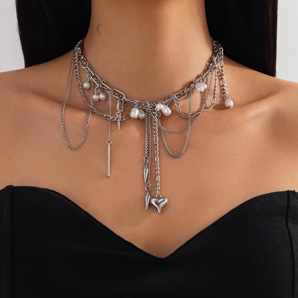 Women's Multilayer Tassel Love Heart Pendant Choker Necklace Trendy Punk Silver Color Metal Chain Party Jewelry Gift