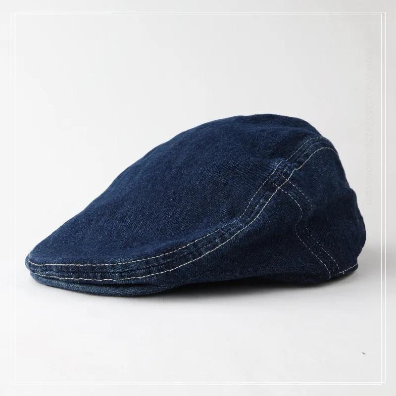 

2025 New Retro Herringbone Style Berets for Men Women Newsboy Hat Unisex Fashion Wash Denim Painter Hat Girls All-match Flat Cap 56-58CM темно-синий