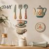 Adhesive Wall Art for Dining Area 7Pcs 2D Flat Kitchen Wooden Decor, Retro Teapot Tableware Themed Stickers Art, Self?Adhesive Plaques Room