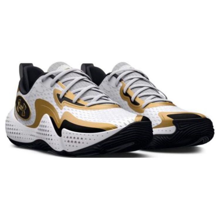Under Armour Spawn 5 Basketball Shoes White Black Gold Youth 3026285-101