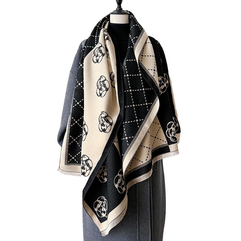 Autumn And Winter Stripe Plaid Camellia Contrasting Double-Sided Scarf Winter Luxury Shawl