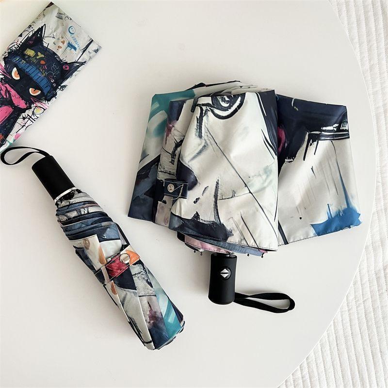 Doodle Cat Umbrella UV Black Glue Sun Umbrella Sun Rain Dual Use Auto Open Three Fold Umbrella Student Sun Proof Sun Shade