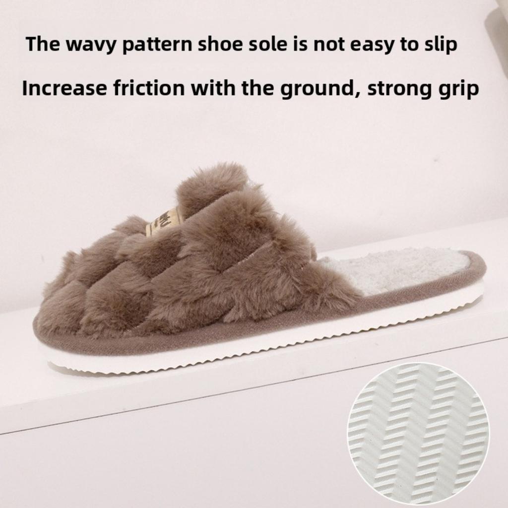 Hexagonal Leather Label Plush Slippers for Home Use, Thick Bottom, Warm and Non Slip Cotton Mop, Thickened and Plush