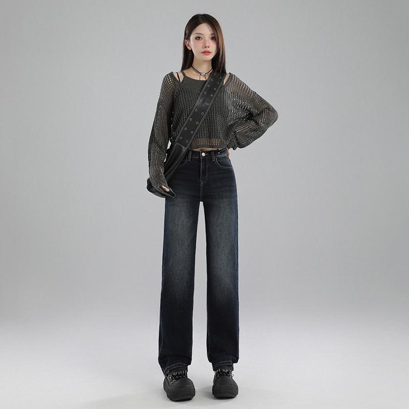 Autumn Retro High-Waist Straight Leg Mop Jeans for Women