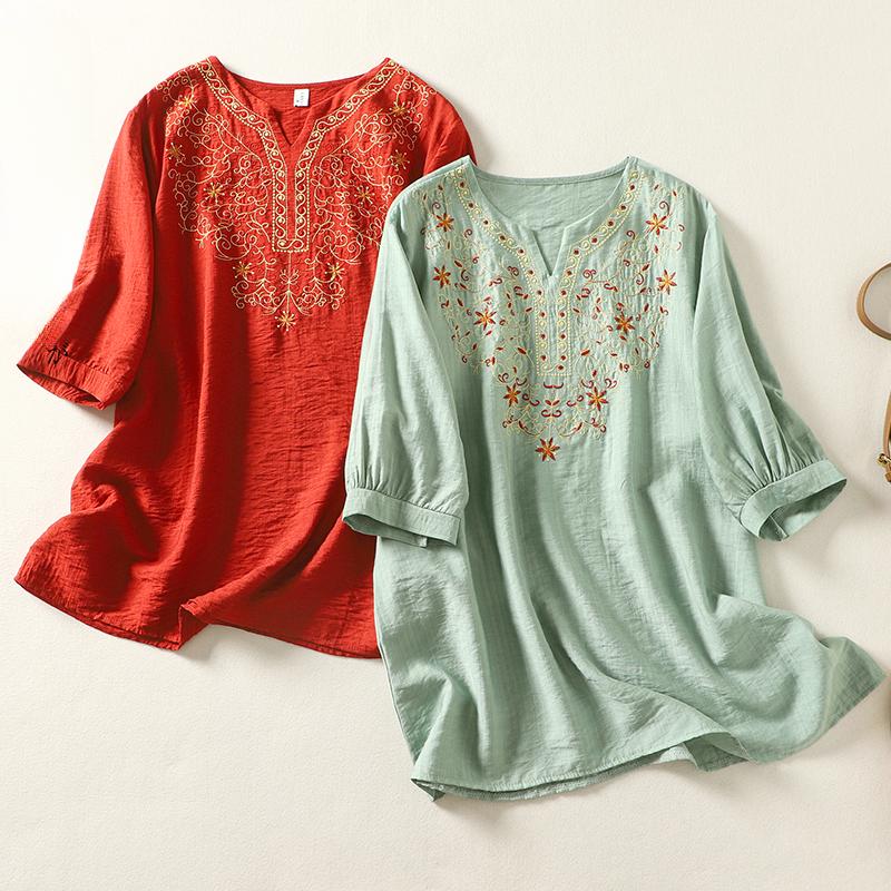 

DIMANAF Новая однотонная рубашка со средним рукавом для женской летней вышивки с V-образным вырезом 2023 года повседневная универсальная тонкая рубашка