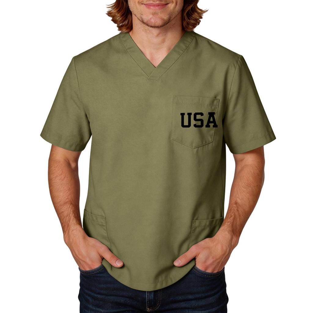 Men's Short Sleeve V-Neck Pocket T-Shirt with Labor Day Print, Uniform Top