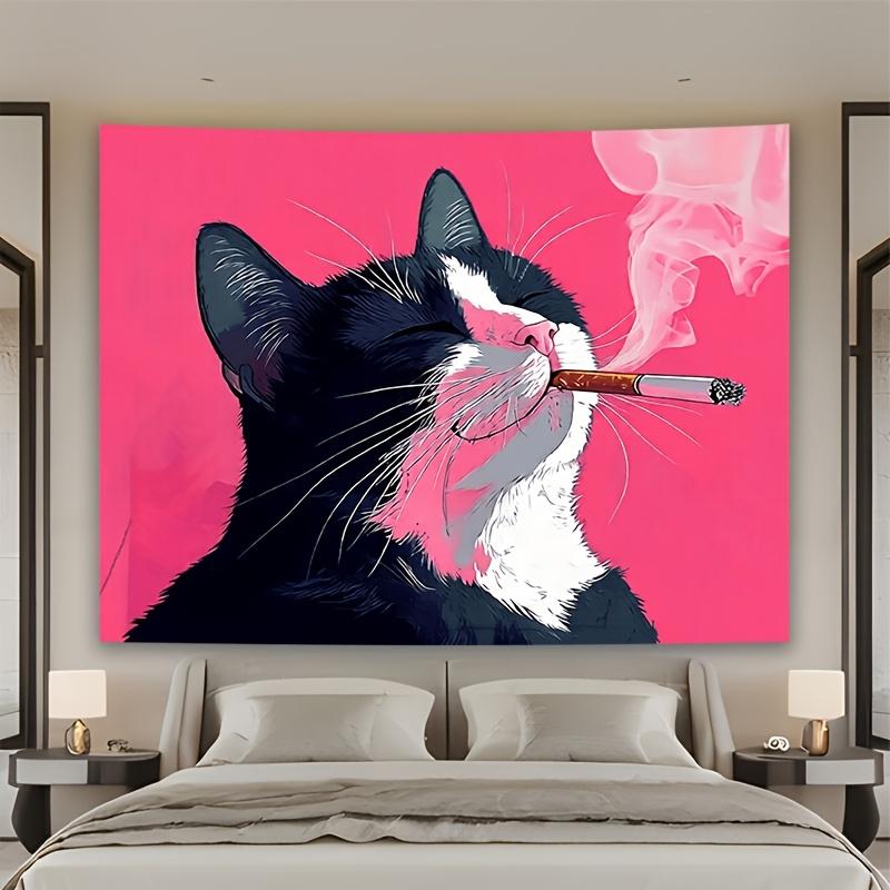 Large Black Cat Smoking Tapestry Wall Decor Boho Poster Aesthetic Cat Lover Gift Art Print 150x300cm Modern Room Accent