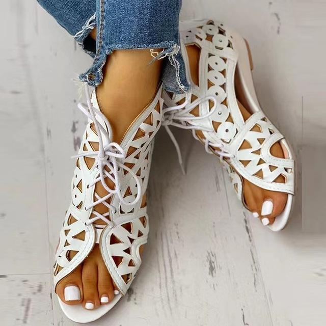 Women's Summer Peep Toe Sandals Openwork Retro Lacing Platform Comfy Outdoor Casual Shoes Large Size 35-43