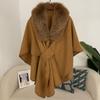 Womens Winter Wool Blend Cape Shawl Cardigan With Faux Fur Collar Loose Fit Oversized Knit Coat