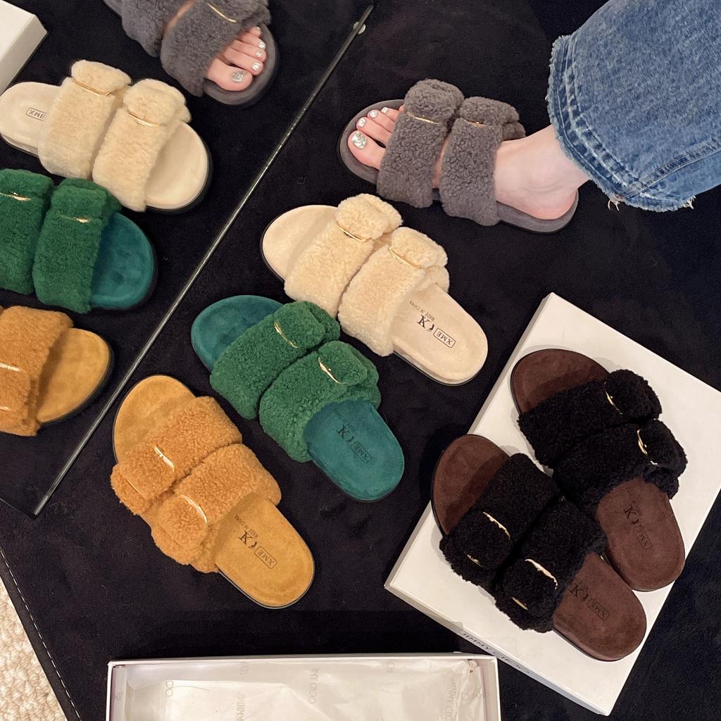 Thick-soled French Simple Open-toed Fluffy Slippers, New Women's Shoes In Autumn and Winter 2025, Wearing Versatile Cotton Slippers for Women