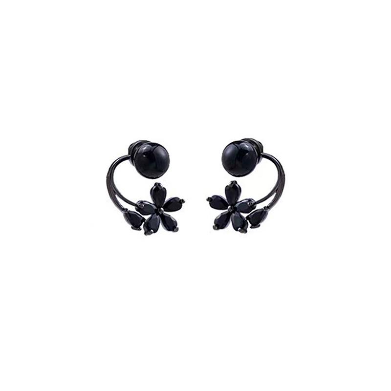 Vintage Black Zircon Flower Pearl Stud Earrings For Women Korean Elegant Personality Earrings Wedding Party Jewelry Gift Mujer