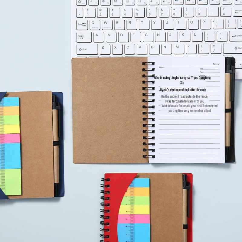 Cross Half-Circle Ruler Coil Notebook with Creative Tearable Sticky Notes and Kraft Paper