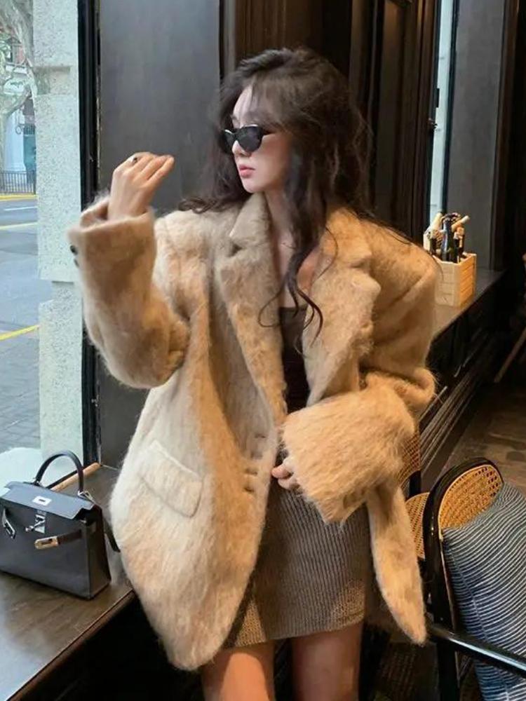 Pevná Elegantní Vintage Kožešinová Bunda Dámská Nová Móda Sladký Volný Kancelářský Kabát Dámský Korejský Návrhář Ležérní Streetwear Oblečení 2024