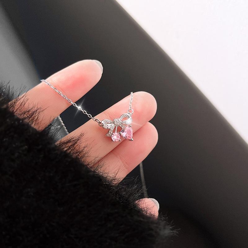 Bow Necklace Women's Light Luxury Niche Design Pink Love Clavicle Chain Stainless Steel