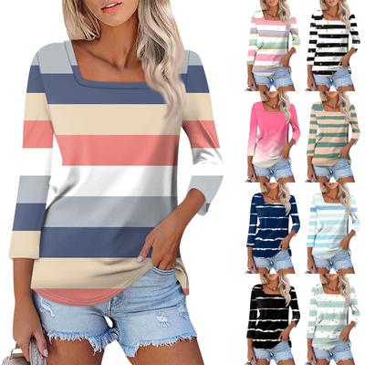 Shirt für Damen, modisch, lässig, quadratischer Ausschnitt, 3/4-Ärmel, locker bedruckt, T-Shirt für Damen