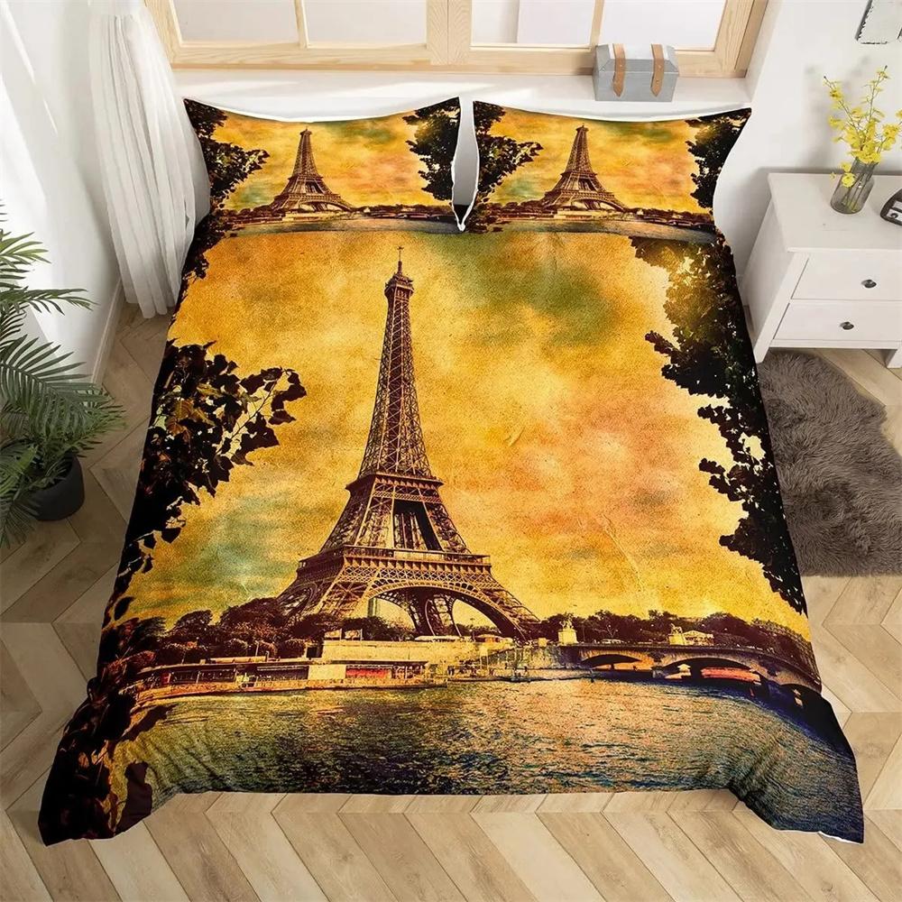 Eiffel Tower Duvet Cover Set Paris France Bedding Sets Queen Size Old Newspaper Style Comforter Cover for Men Women,Gray Stylish