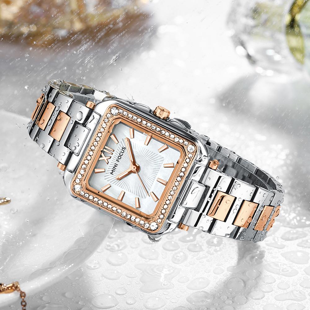 MINIFOCUS Women's Light Luxury Watch with Square Case Mother-of-Pearl Dial Stainless Steel Strap Luminous Hands Relogios