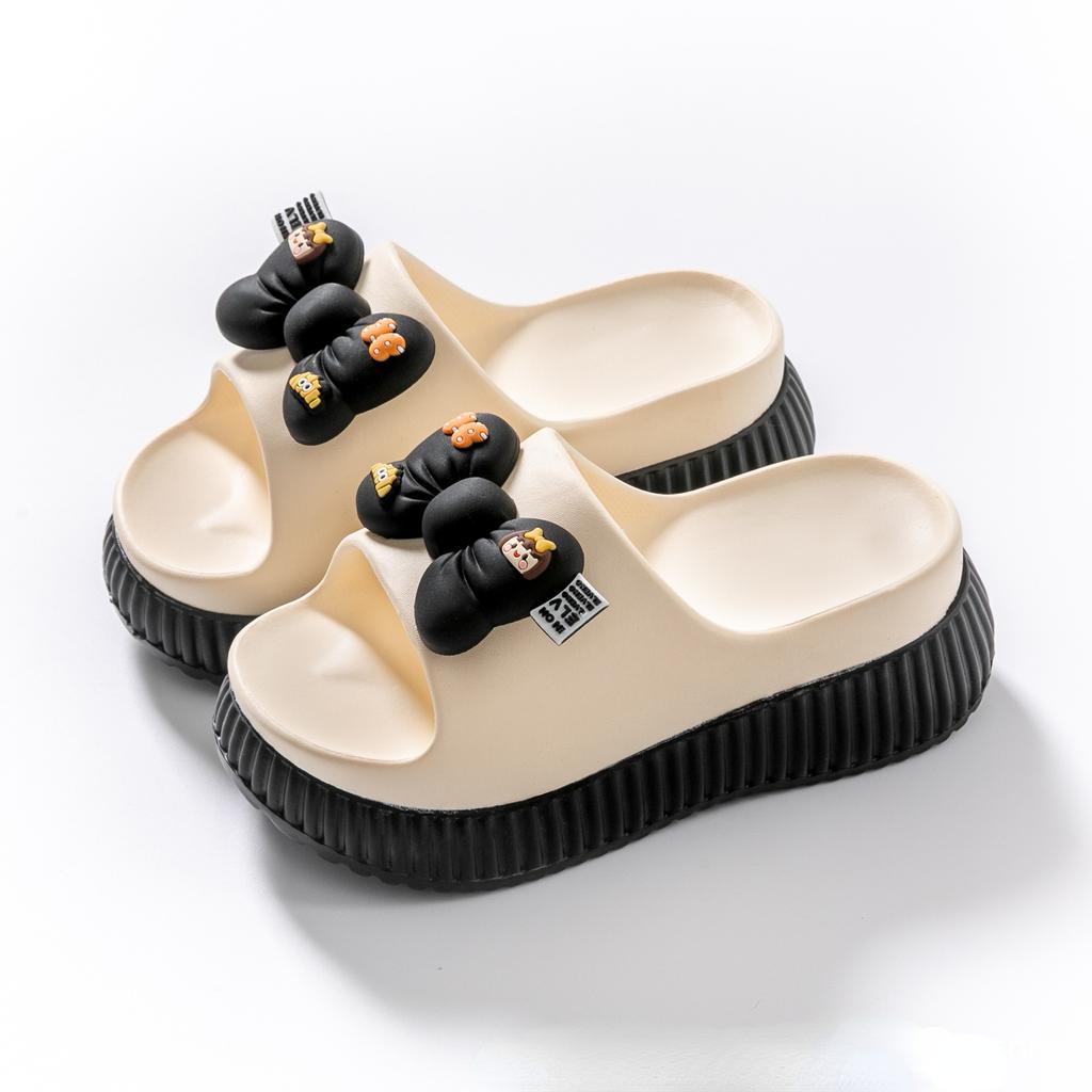 Fajne kapcie damskie letnie na grubej podeszwie do noszenia na zewnątrz modne z kokardą urocze kreskówkowe damskie kapcie na wysokim obcasie domowe fajne kapcie