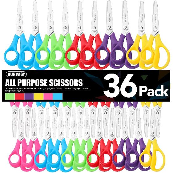 Scissors, BURVAGY 5.5 All Purpose Scissors Bulk 36-Pack, Right/Left Handed Comfort-Grip Handles Ultra Sharp Blade Shears Sturdy Sharp Scissors for