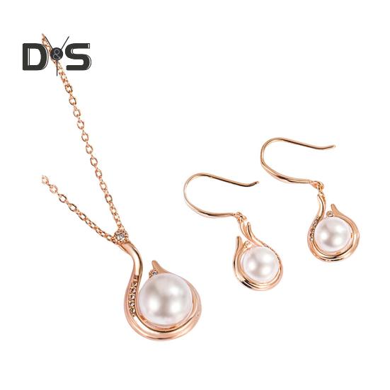 

1 комплект, женский комплект ювелирных изделий, искусственный жемчуг, декор со стразами, регулируемая длина, полированные висячие серьги, вечерние, вечерние, для невесты, свадебное ожерелье с подвеской розового золота