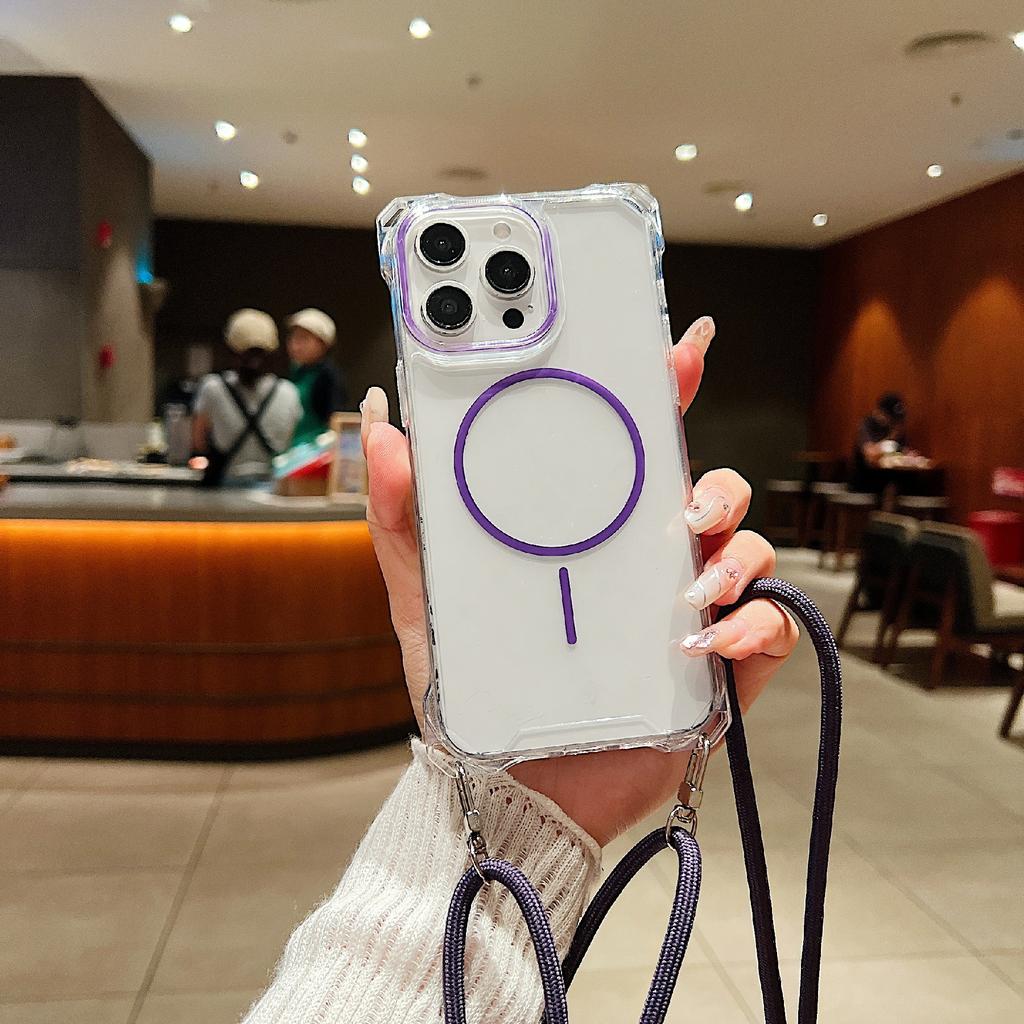 For iPhone 16 Pro Max Magnetic Case with Lanyard Drop-Proof TPU+PC Phone Back Cover