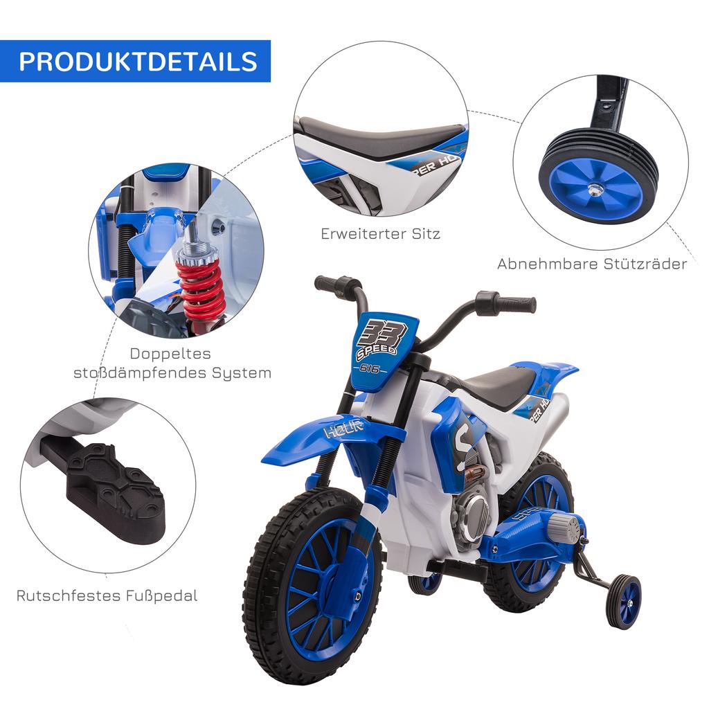 Moto per Bambini, Moto Elettrica, Autonomia 45 Minuti, con Rotelle Ausiliarie, da 3 Anni, Blu+Bianco, 106,5 x 51,5 x 68cm