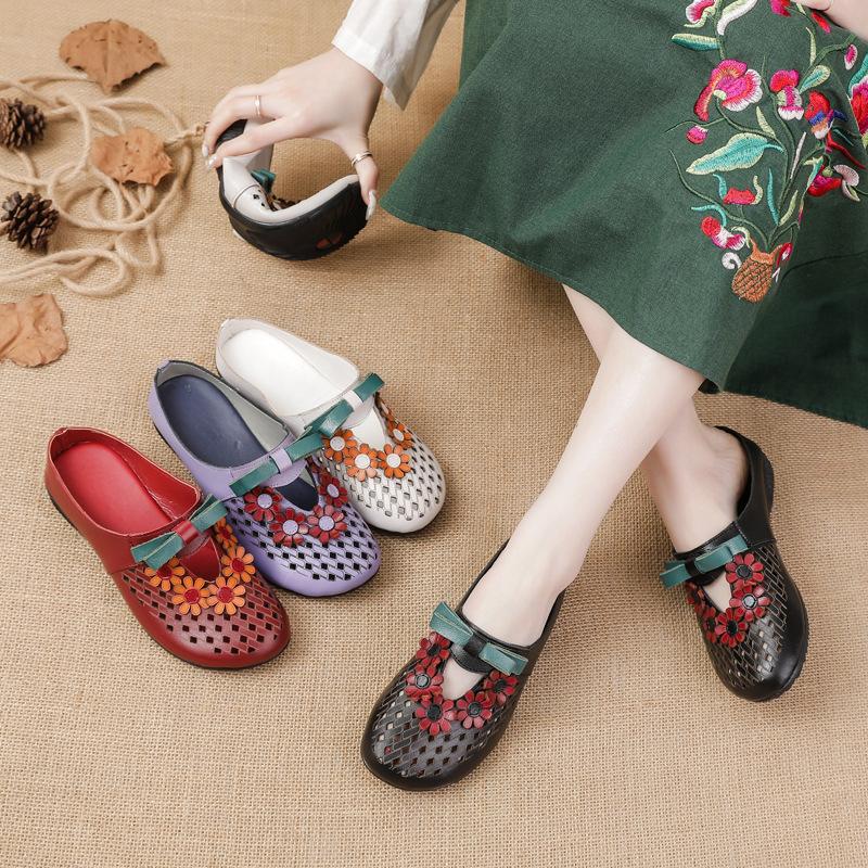 New Summer Flat Low Heel Women's Shoes Ethnic Style Genuine Leather Flower Slippers Hollow Breathable Comfortable Hole Shoes