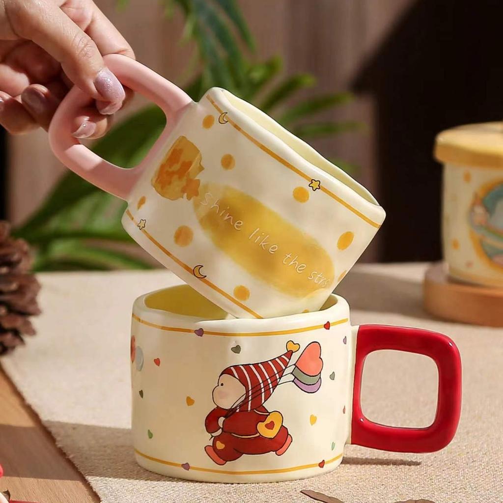 Cute Cartoon Star Cup High Value Ceramic Mug Large Capacity Couple Water Cup with Lid Coffee Cup Gift