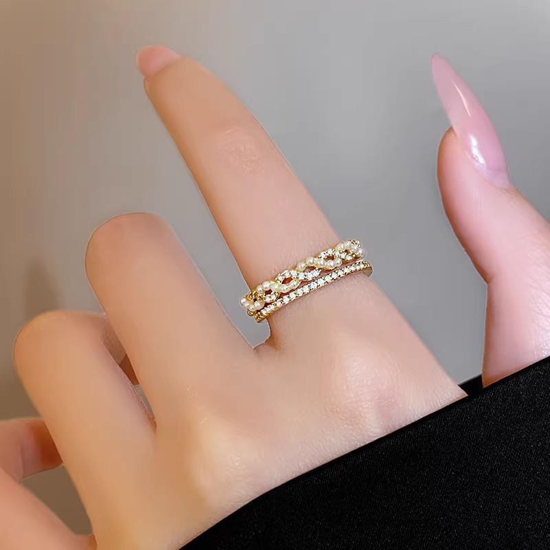 Exquisite French Gold Zircon  Pearl Twisted Rope Open Ring for Women - Fashionably Luxurious