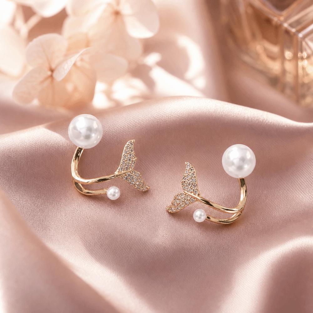 Zircon Pearl Crystal Earrings Personality Fish Tail Stud Earrings Women's Jewelry