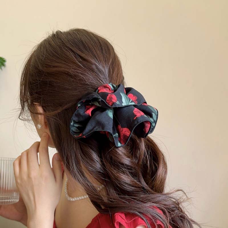 Vintage Large Rose Hair Scrunchies for Women Girl Elegant Red Flower Elastic Ponytail Holder Hair Rope Headwear Hair Accessories