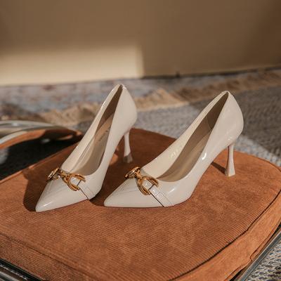 Commuter High-heeled Single Shoes, Femininity Patent Leather High-heeled Shoes, Metal Horse Street Buckle Pointed Stiletto Women's Shoes