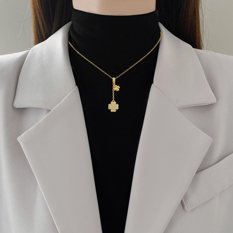 Lucky Grass Fringed Personality Light Luxury Temperament Gorgeous Full Diamond Necklace Female Versatile Collarbone Chain Titanium Steel Chain